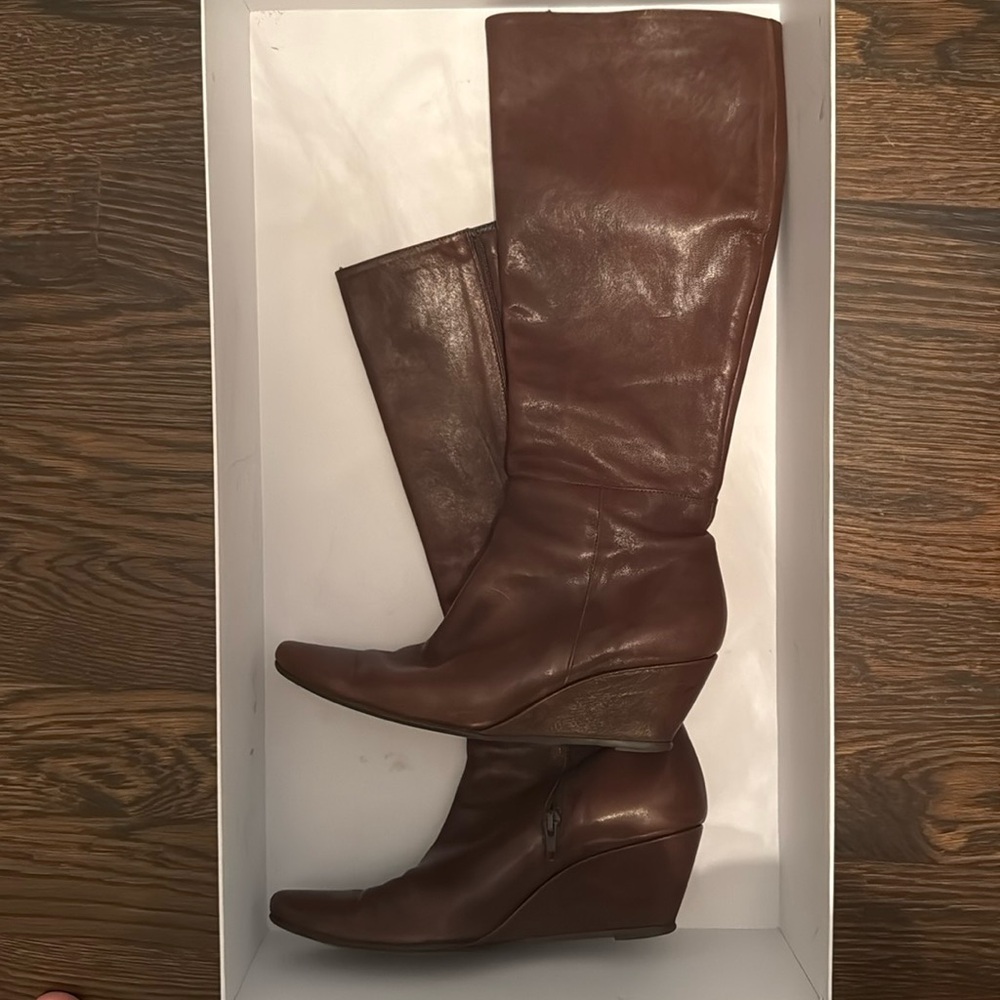 Brown Leather Italian Knee-High Wedge Boots
